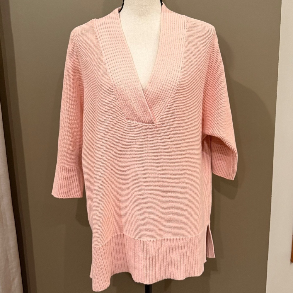 Chico's Light Peachy Pink Ribbed Knit Tunic Sweater V-neck, 3/4 Sleeve, Size 8